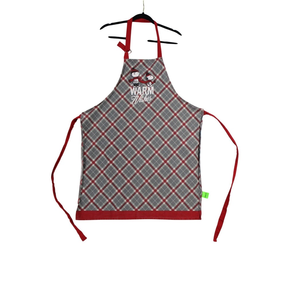 Peanuts Snoopy Charlie Brown Warm Wishes Holiday Apron Red‎ Grey Plaid One Size